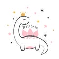 Dinosaur girl princess cute vector illustration. Dino cartoon baby print