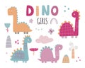 Dinosaur Girls Cute Vector Set with plants, trees, stones in trendy colors