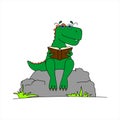 Dinosaur With Glasses Reading a Book. Smart Dinosaur. A Tyrannosaurus With A Crest On its Back and With Glasses Sits on a Stone