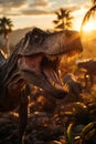 Dinosaur head with open mouth in the sunset, close up