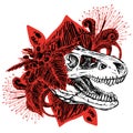 Dinosaur Head Of Turex Skull And Red With Black Flowers