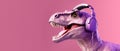 Dinosaur in headphones listens to music on a purple background Royalty Free Stock Photo