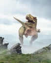 Dinosaur huge higth walking through the jungle, foggy mountains Royalty Free Stock Photo