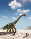 Dinosaur huge higth walking through the sunny desert comes across little shocked group of people