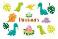 Dinosaur icons in flat style for designing dino party, children holiday, dinosaurus related materials