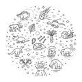 Dinosaur icons vector. Dinosaur egg and volcano, dinosaur skeleton and tyrannosaurus icons Royalty Free Stock Photo