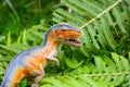 Dinosaur with large teeth in the jungle. Dinosaur model