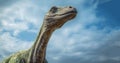 Dinosaur long necked sauropod diermibot breed name Brachiosaurus. A dinosaur eating plants in the Jurassic era in blue Royalty Free Stock Photo