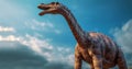 Dinosaur long necked sauropod diermibot breed name Brachiosaurus. A dinosaur eating plants in the Jurassic era in blue