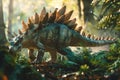 A dinosaur with a long tail and a green body is walking through a forest Royalty Free Stock Photo