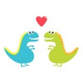 Dinosaur love couple set isolated on white background. Red heart. Happy Valentines Day. Love card. Cute cartoon funny dino baby ch