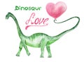 Dinosaur, love and heart watercolor illustration