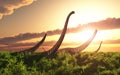 Dinosaur Mamenchisaurus in a landscape at sunset