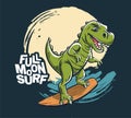 Dinosaur night surfer cool summer t-shirt print. T-rex midnight ride surfboard on big wave Royalty Free Stock Photo