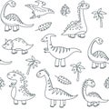 Dinosaur outline seamless pattern. Cute baby dino funny brontosaurus monsters jurassic animals dragon dinosaurs vector