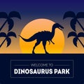 Dinosaur Park Banner Template with Silhouette of Dinosaur on Beautiful Sunset, Prehistoric Animal on Nature Background Royalty Free Stock Photo