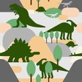 Dinosaur pattern seamless. Dino background. Dinosaurs and ancient landscape texture. Baby fabric ornament