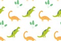 Dinosaur pattern, seamless texture green and yellow dinos on white. Kids room wallpaper, textile vector design