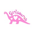 Dinosaur pink color with hearts, quote Girlsaurus. Silhouette of preistoric animal. Template of t shirt