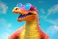 dinosaur with pink glasses on blue sky background. 3d illustration