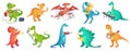 Dinosaur play music. Tyrannosaurus rockstar play guitar, dino drummer and cartoon dinosaurs musicians vector