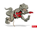 Dinosaur playing electric guitar and jumping. Tyrannosaurus or T. rex. High-detailed comic style vector illustration.