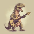 Dinosaur playing rock music on electric bass guitar. Generative AI Royalty Free Stock Photo