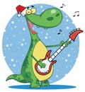 Dinosaur plays guitar with santa hat