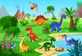 Dinosaur prehistoric landscape. Cartoon baby poster, happy animals and volcano. Dino on lake, jungle palm tree. Funny