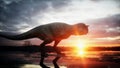 Dinosaur. Prehistoric period, rocky landscape. Wonderfull sunrise. 3d rendering.