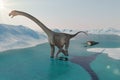 Dinosaur. Prehistoric snow landscape, ice valley with Dinosaurs. Arctic view