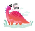 Dinosaur princess poster. Cute dino girl print t-shirt text kids funny design happy animal cover textile banner cartoon