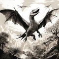 Dinosaur, pterodactyl, flying dinosaur, prehistoric reptile, black and white drawing, engraving style, close-up