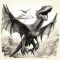 Dinosaur, pterodactyl, flying dinosaur, prehistoric reptile, black and white drawing, engraving style,
