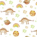 Dinosaur among rainbow planets watercolor seamless pattern Royalty Free Stock Photo