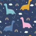 Dinosaur and rainbow in the sky baby seamless pattern cute cartoon animal background hand drawn in kid style The design used for
