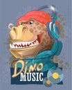 Dinosaur rapper in headphones and a hat. Tyrannosaur, typography slogan.Cartoon character. Can be used for print design greeting