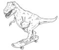 Dinosaur rides on skateboard. Engraving black vintage