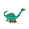 Dinosaur rides on skateboard, young and green. Grunge Illustration for boys t-shirt prints