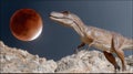 Dinosaur roaming rocky terrain under blood moon night sky Royalty Free Stock Photo