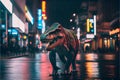 Dinosaur roaring in city at night