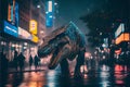 Dinosaur roaring in city at night