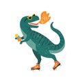 Dinosaur on roller skates with ice cream. Roar. Vector illustration.