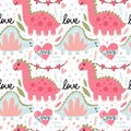 Dinosaur romantic seamless pattern. Cute pink doodle dino, hand drawn simple prehistoric animals for girl childish or valentine