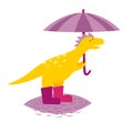 Dinosaur in rubber boots with a umbrella vector illustration.