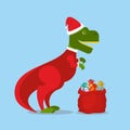 Dinosaur Santa Claus. T-Rex in Christmas hat. Tyrannosaurus