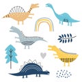 Dinosaur scandinavian drawing set design, vector illustration elements. Funny dino characters, colorful childish drawing. Awesome Royalty Free Stock Photo