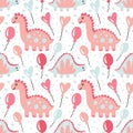 Dinosaur seamless pattern. Cute pink doodle dino, hand drawn simple prehistoric animals and balloons for girls childish prints.
