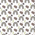 Dinosaur seamless pattern footprint tracks. Minimal color background with paw, stones, rainbow. Dinosaur footprint seamless