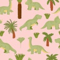 Dinosaur seamless pattern on pink background. Cute texture characters dino for fabric Royalty Free Stock Photo